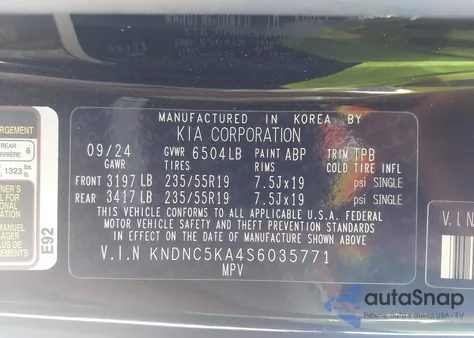 2025 Kia Carnival Mpv Hybrid Ex из США, поврежденный, VIN KNDNC5KA4S6035771